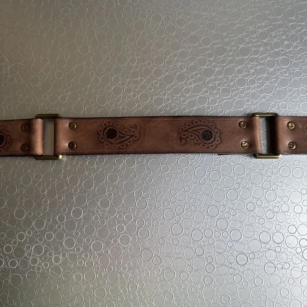 Lucky Brand Vintage Paisley Tooled Belt S Brown Leather Boho Western Cowgirl